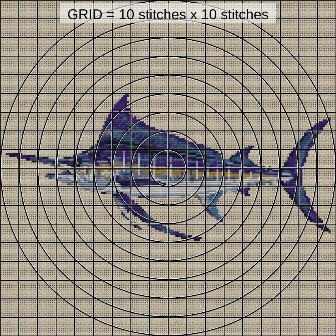 blue-marlin-makaira-nigri close-up cross stitch detail showing color changes, confetti areas and stitch texture