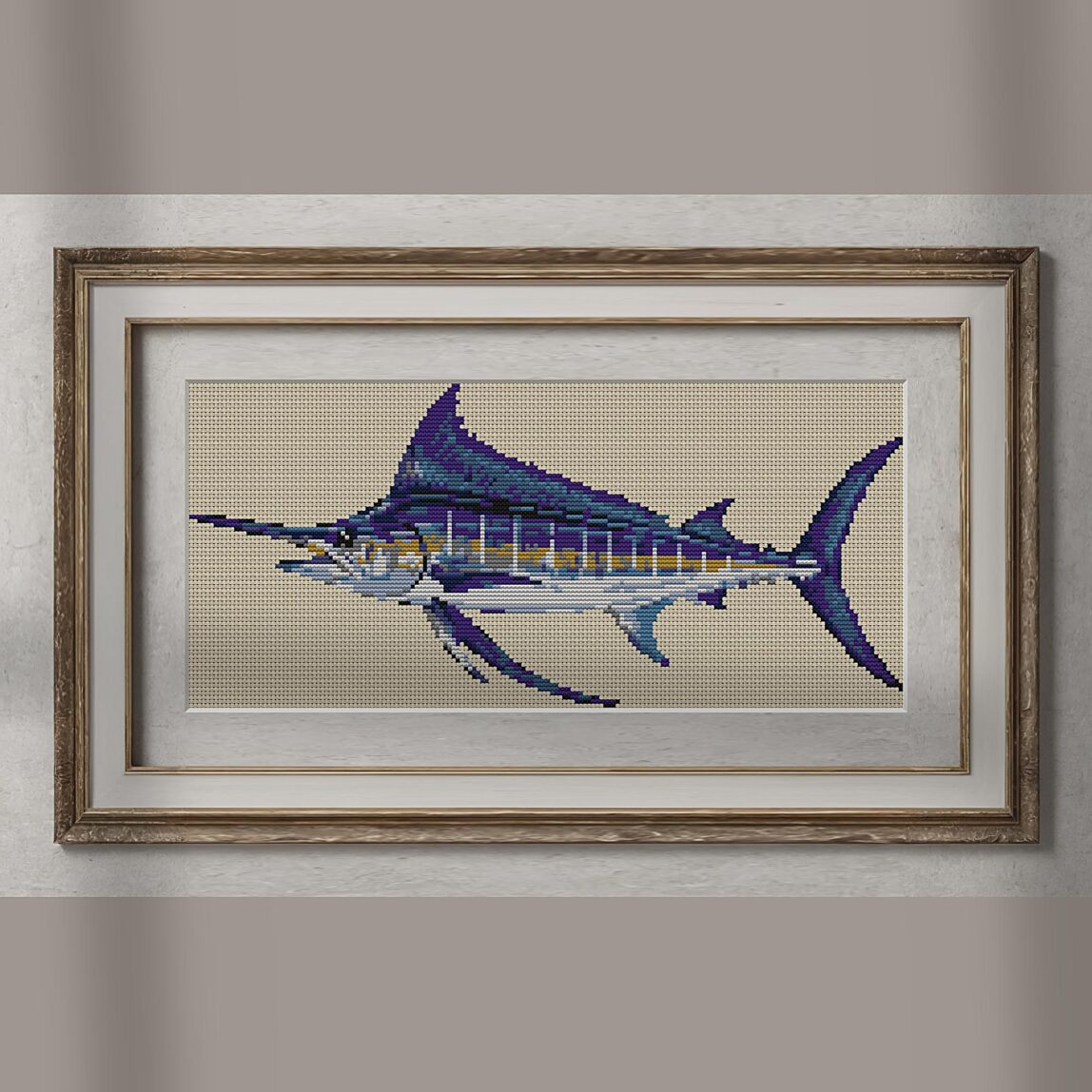 blue-marlin-makaira-nigri alternative framed cross stitch mockup, realistic finished embroidery presentation