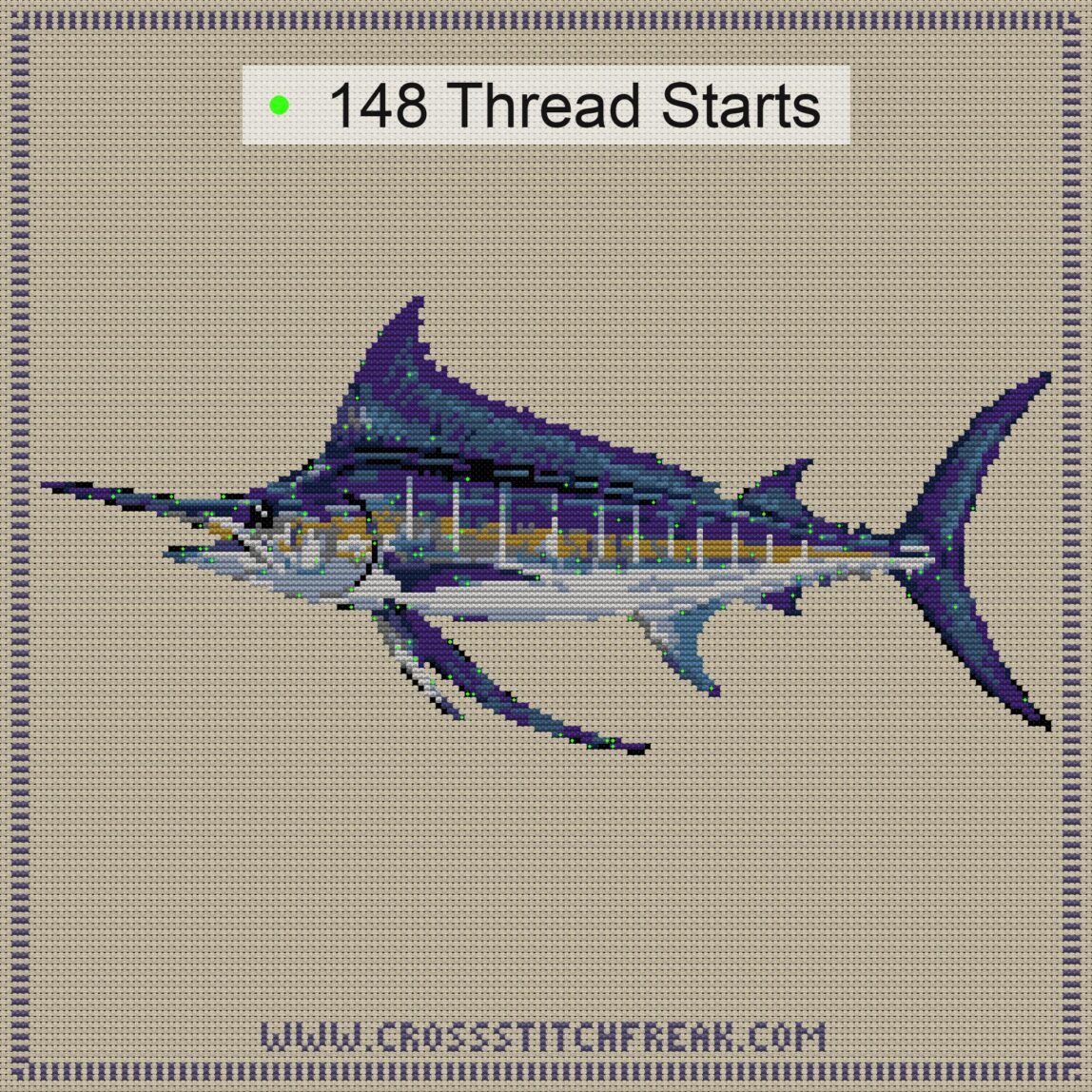 blue-marlin-makaira-nigri cross stitch start point map with highlighted thread start positions in the full design