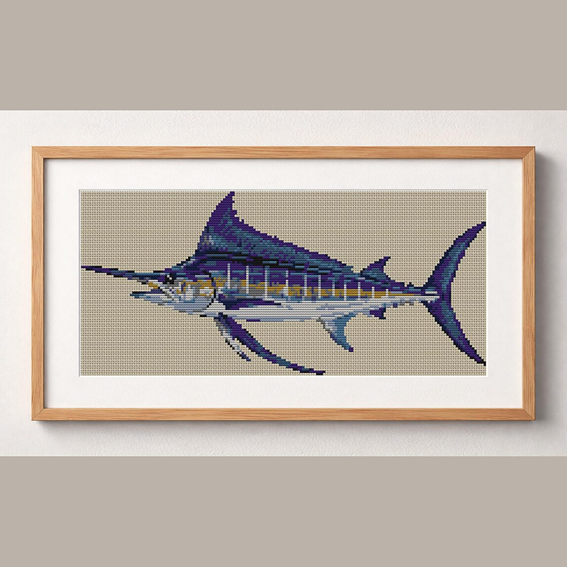 blue-marlin-makaira-nigri framed cross stitch mockup, realistic finished embroidery design, PDF pattern digital download