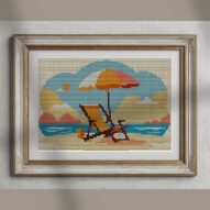 beach-chair alternative framed cross stitch mockup, realistic finished embroidery presentation