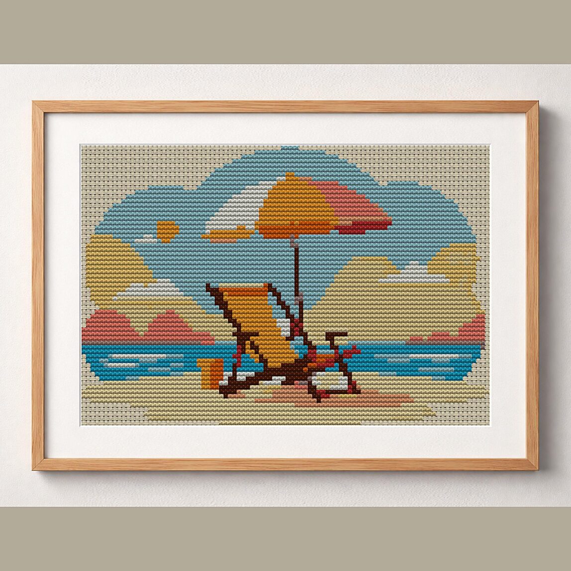beach-chair framed cross stitch mockup, realistic finished embroidery design, PDF pattern digital download