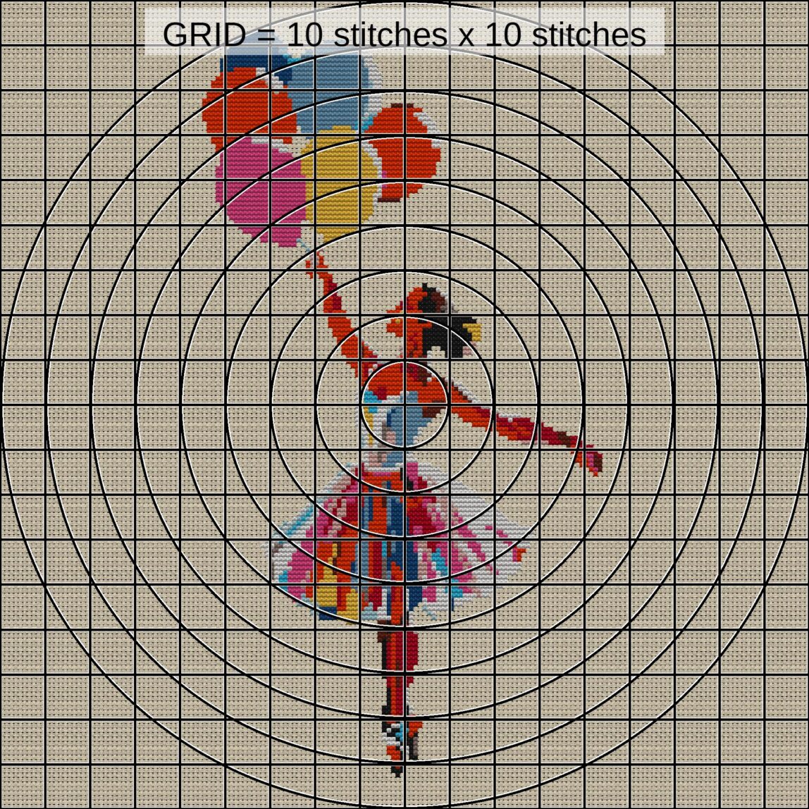 ballerina-holding-balloon close-up cross stitch detail showing color changes, confetti areas and stitch texture