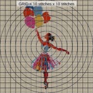 ballerina-holding-balloon close-up cross stitch detail showing color changes, confetti areas and stitch texture