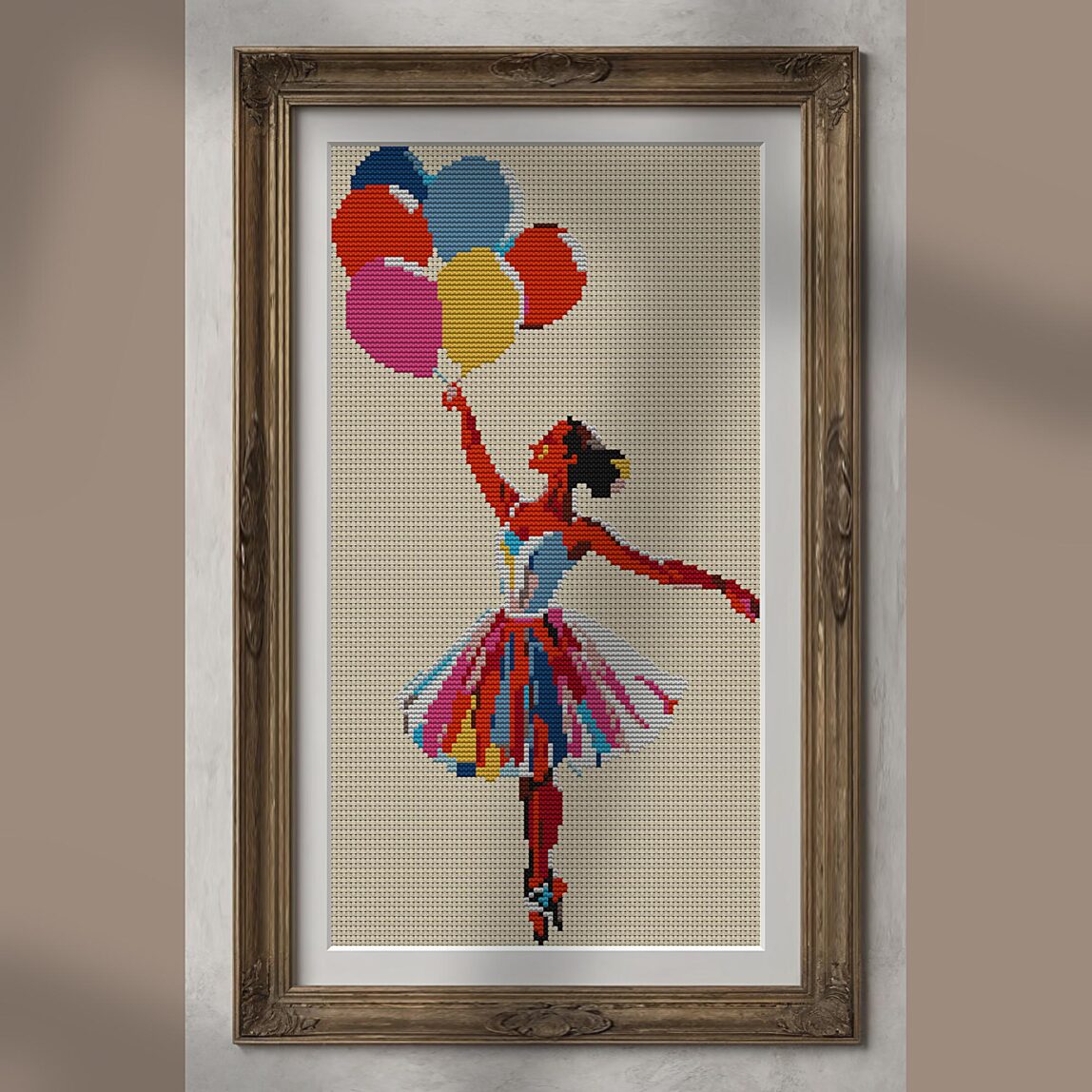 ballerina-holding-balloon alternative framed cross stitch mockup, realistic finished embroidery presentation