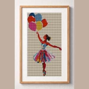 ballerina-holding-balloon framed cross stitch mockup, realistic finished embroidery design, PDF pattern digital download