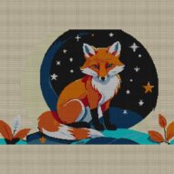 fox-curled-around-moon full cross stitch design mockup without frame, realistic embroidery preview
