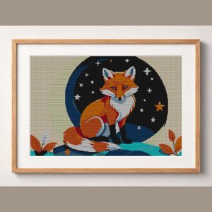 fox-curled-around-moon framed cross stitch mockup, realistic finished embroidery design, PDF pattern digital download
