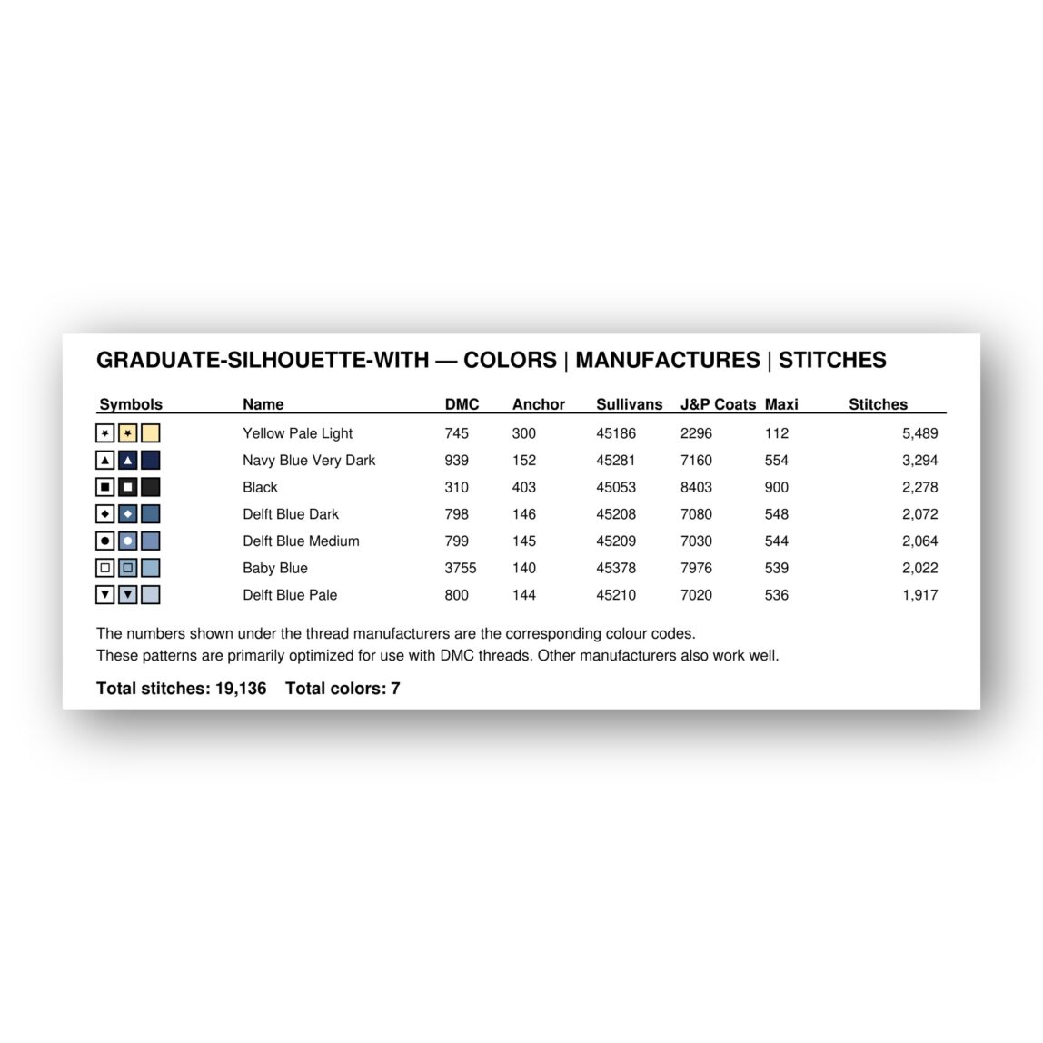 graduate-silhouette-with thread color chart with DMC, Anchor, Sullivans, J&P Coats and Maxi color references