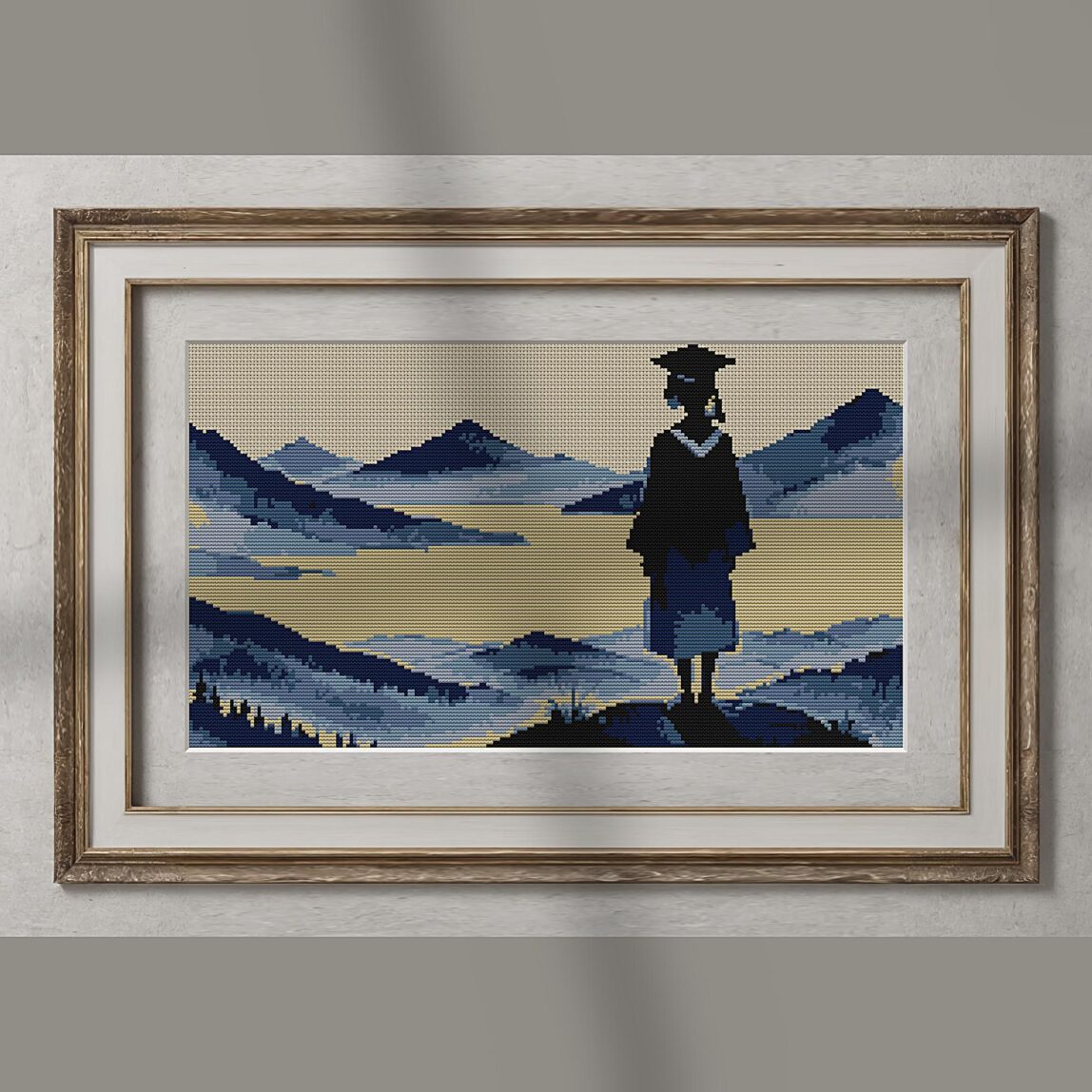 graduate-silhouette-with alternative framed cross stitch mockup, realistic finished embroidery presentation
