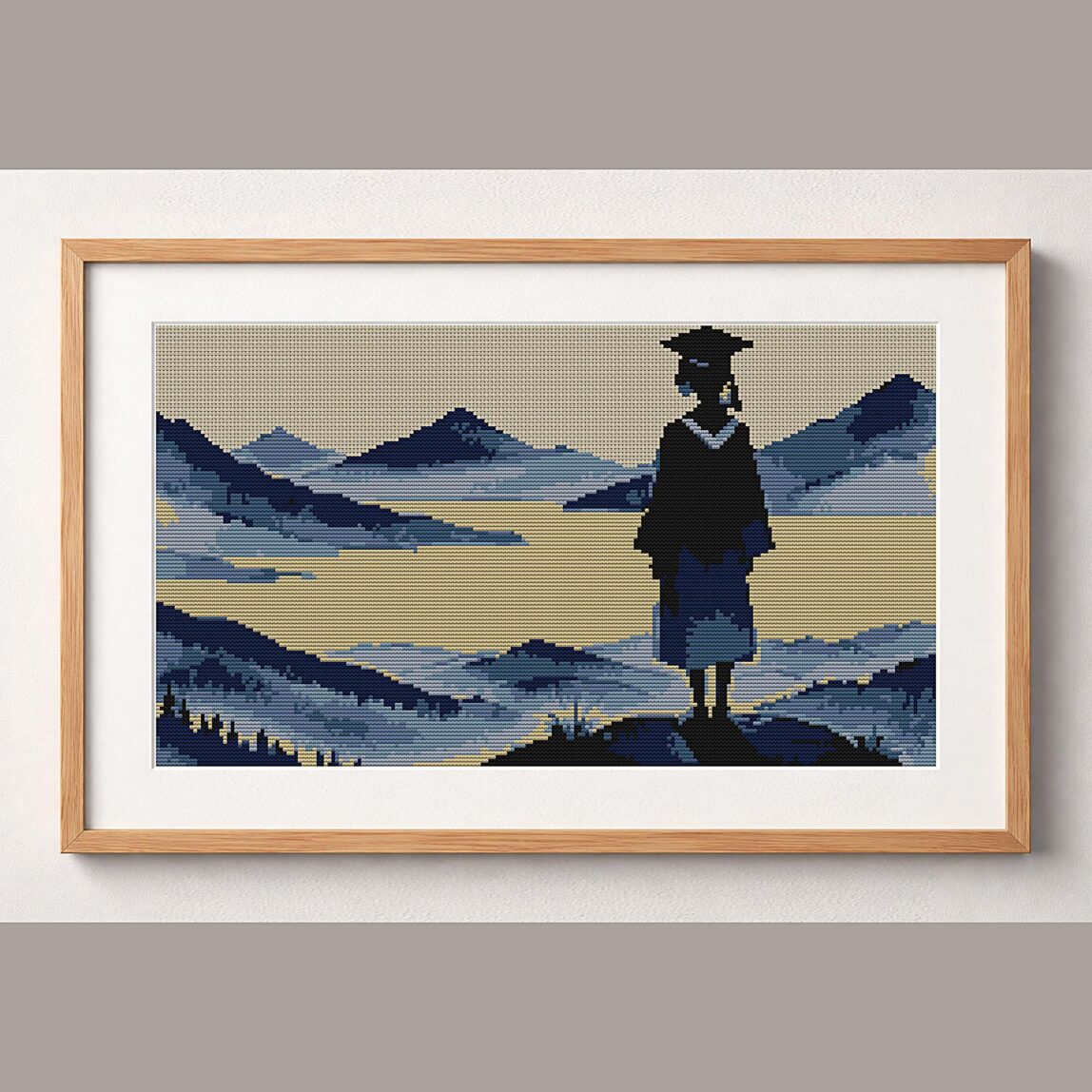 graduate-silhouette-with framed cross stitch mockup, realistic finished embroidery design, PDF pattern digital download