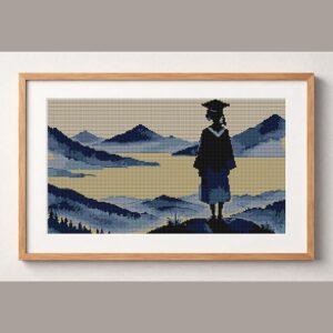 graduate-silhouette-with framed cross stitch mockup, realistic finished embroidery design, PDF pattern digital download