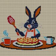 rabbit-baking-pie full cross stitch design mockup without frame, realistic embroidery preview