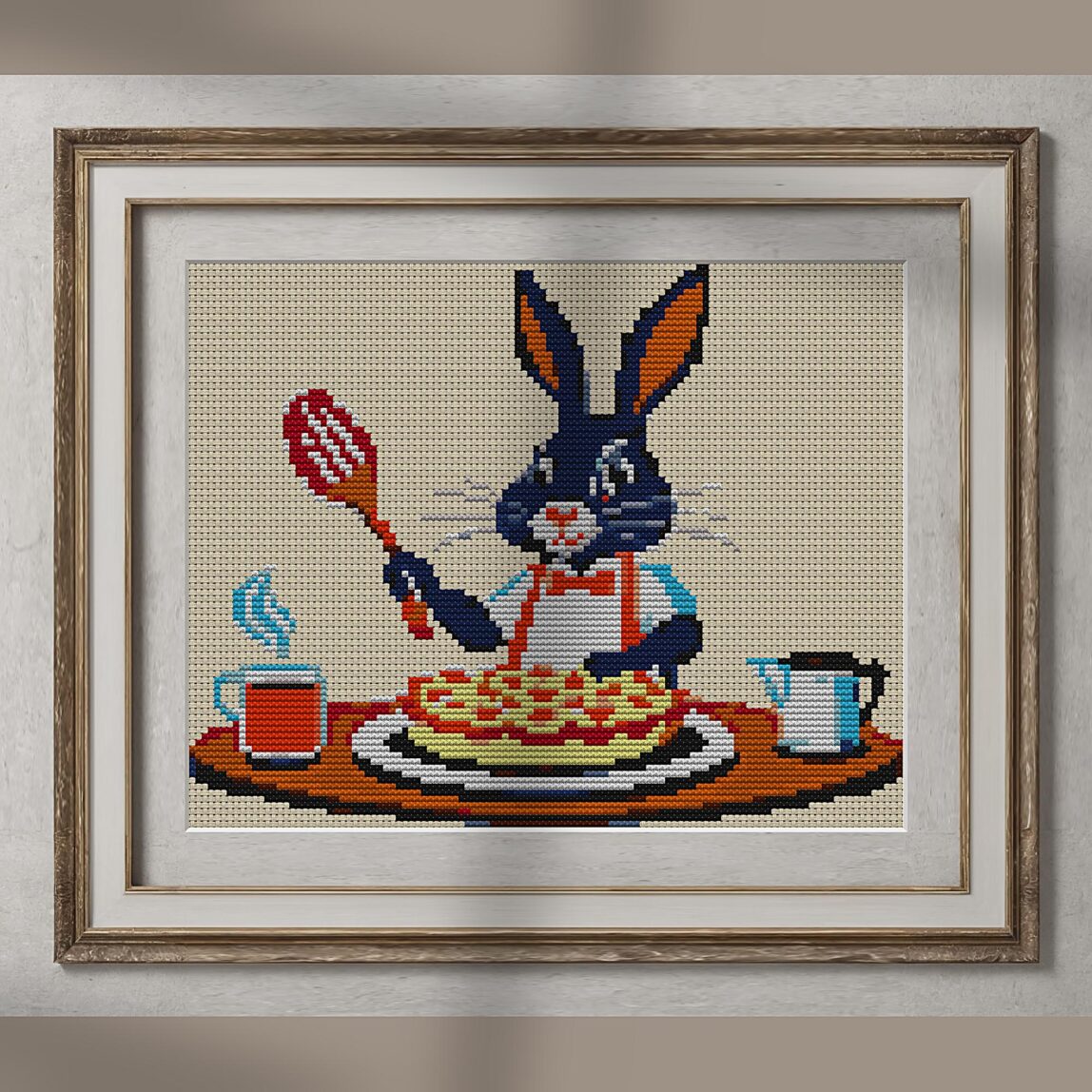 rabbit-baking-pie alternative framed cross stitch mockup, realistic finished embroidery presentation