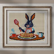 rabbit-baking-pie alternative framed cross stitch mockup, realistic finished embroidery presentation