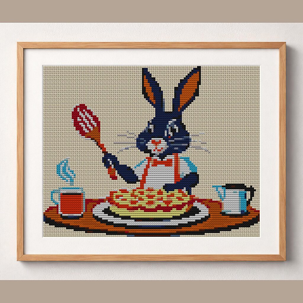 rabbit-baking-pie framed cross stitch mockup, realistic finished embroidery design, PDF pattern digital download