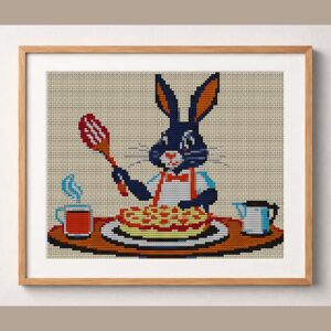 rabbit-baking-pie framed cross stitch mockup, realistic finished embroidery design, PDF pattern digital download