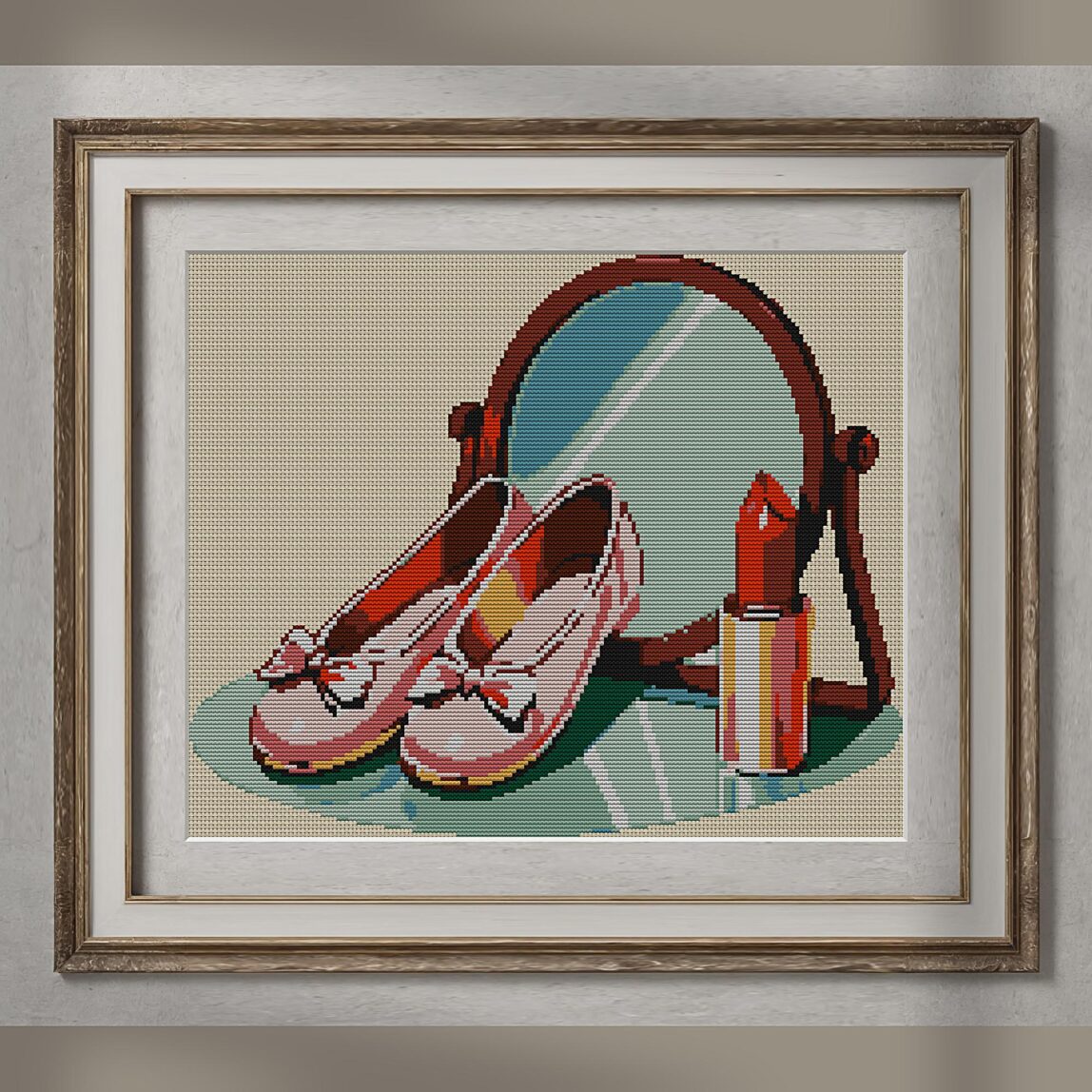 ballet-slippers alternative framed mockup ballet-slippers alternative framed cross stitch mockup, realistic finished embroidery presentation