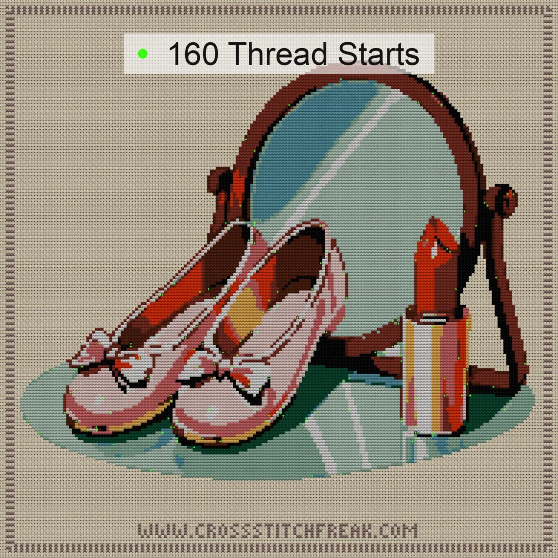 ballet-slippers thread start point map ballet-slippers cross stitch start point map with highlighted thread start positions in the full design