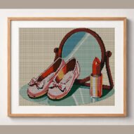 ballet-slippers framed cross stitch mockup, realistic finished embroidery design, PDF pattern digital download