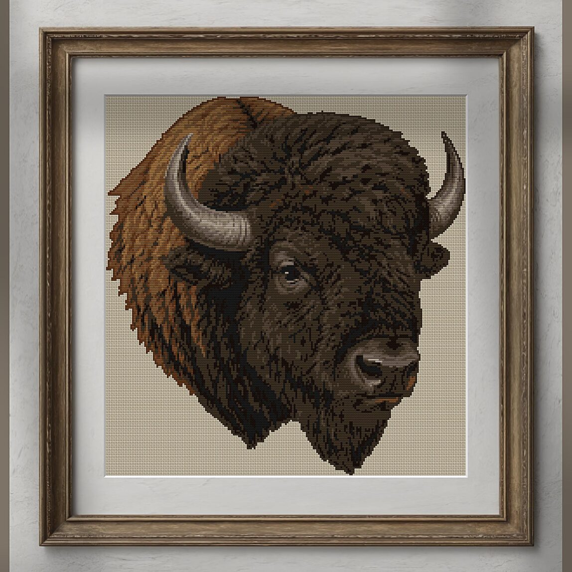 american-bison-bison-biso alternative framed mockup american-bison-bison-biso alternative framed cross stitch mockup, realistic finished embroidery presentation