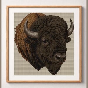 american-bison-bison-biso framed cross stitch mockup, realistic finished embroidery design, PDF pattern digital download