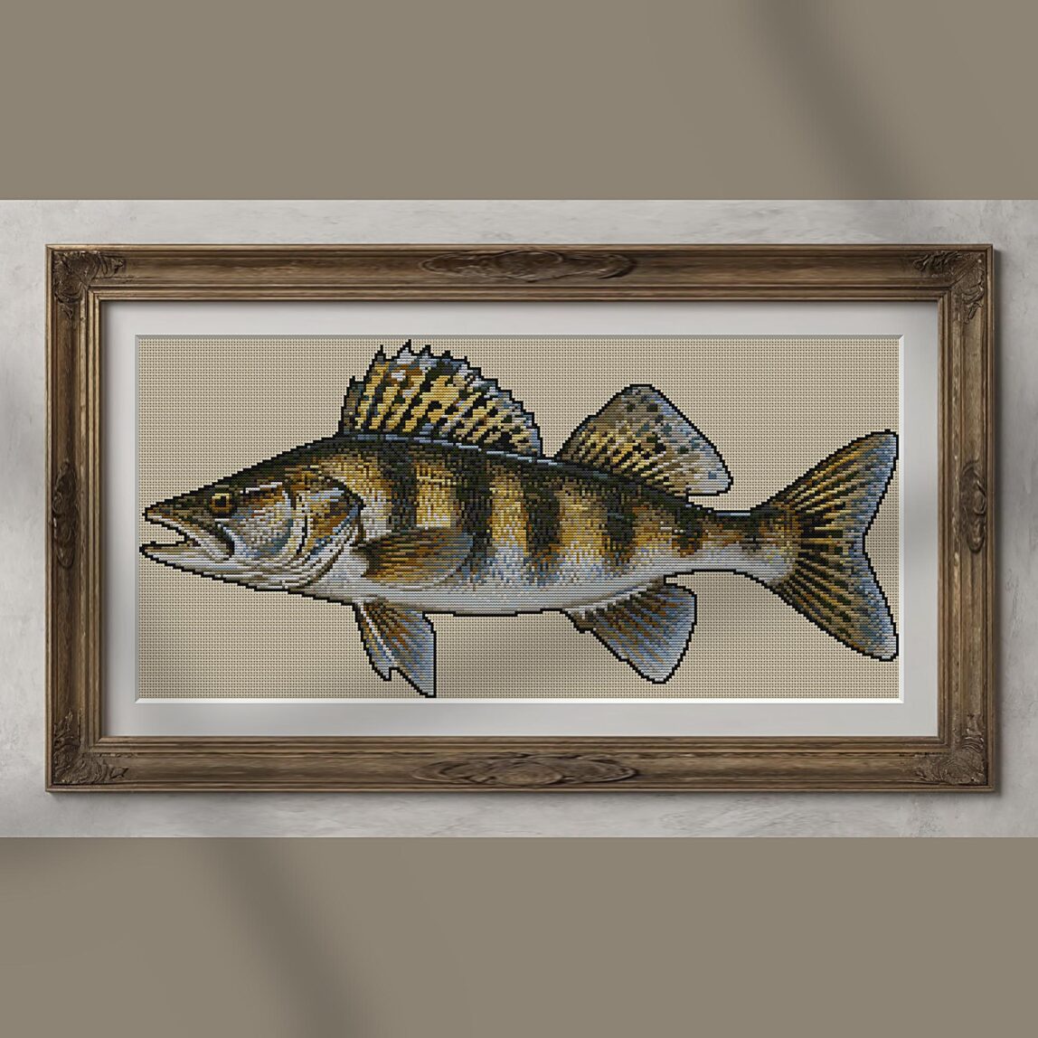 zander-sander-lucioperca alternative framed mockup zander-sander-lucioperca alternative framed cross stitch mockup, realistic finished embroidery presentation