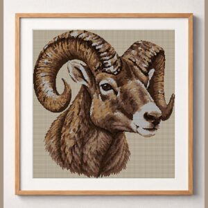 bighorn-sheep-ovis-canade framed cross stitch mockup, realistic finished embroidery design, PDF pattern digital download