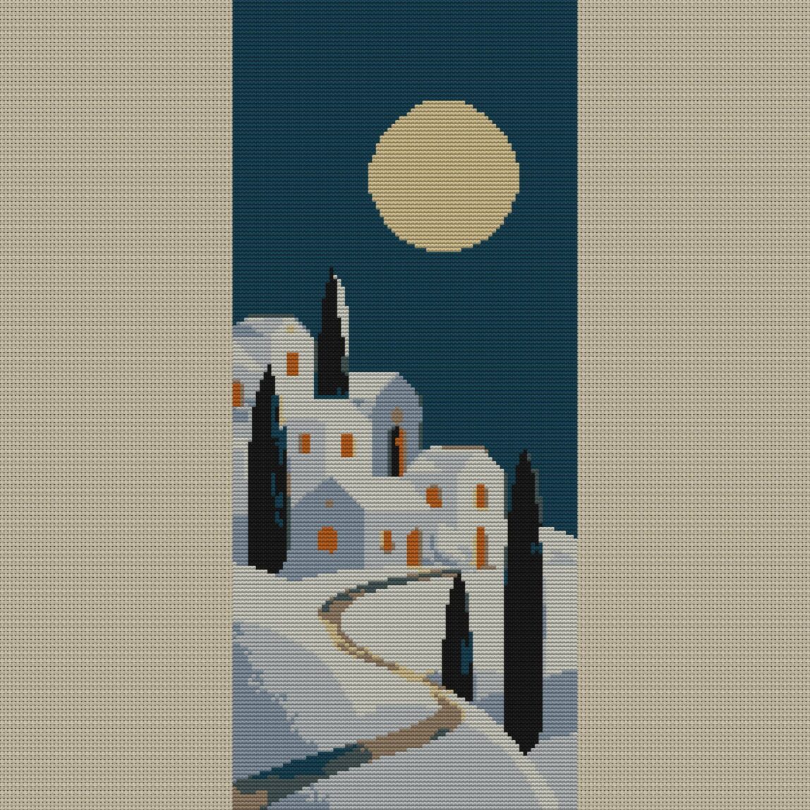 winter-village-full-moon full design mockup without frame winter-village-full-moon full cross stitch design mockup without frame, realistic embroidery preview