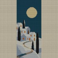 winter-village-full-moon full cross stitch design mockup without frame, realistic embroidery preview