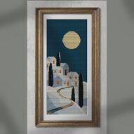 winter-village-full-moon alternative framed cross stitch mockup, realistic finished embroidery presentation