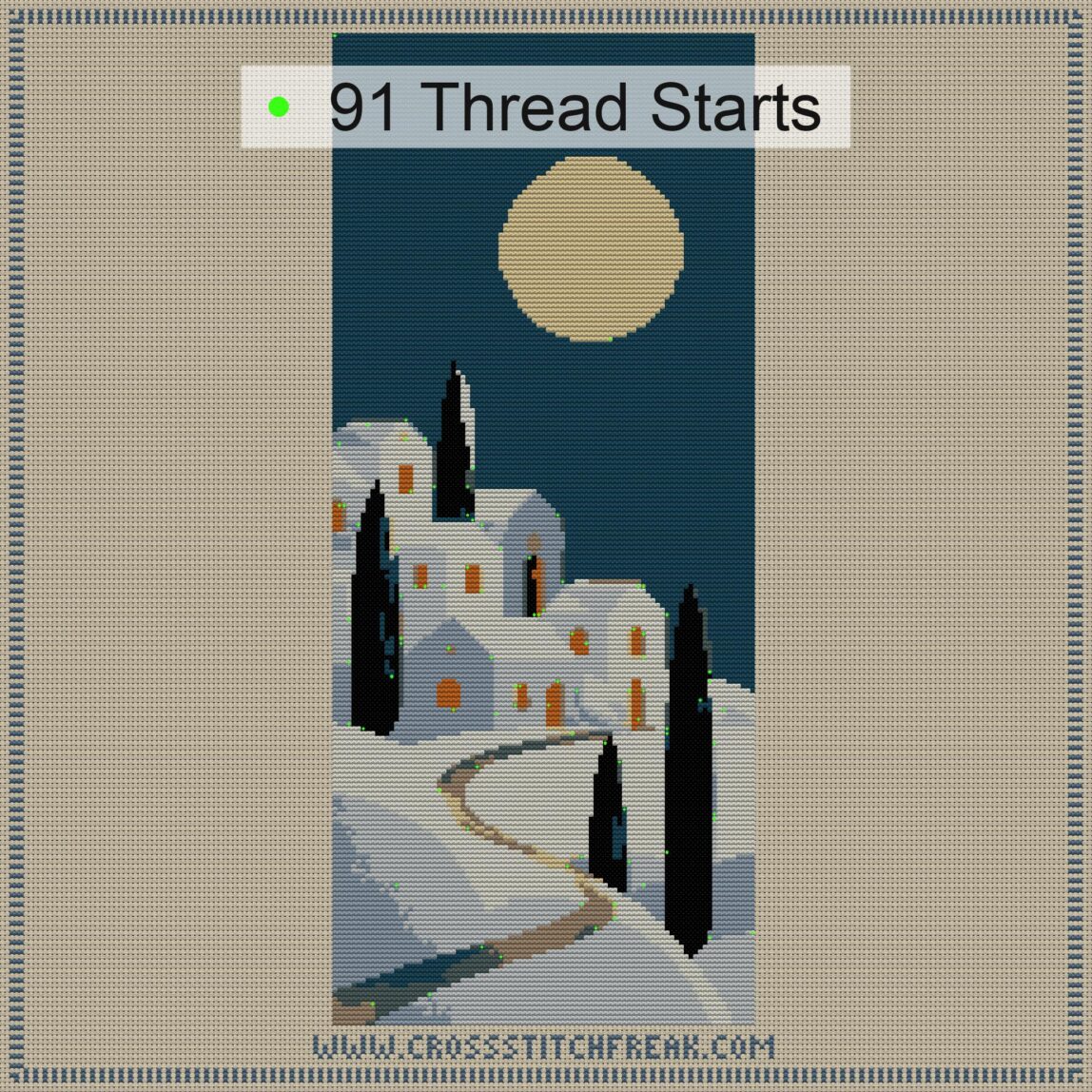 winter-village-full-moon thread start point map winter-village-full-moon cross stitch start point map with highlighted thread start positions in the full design