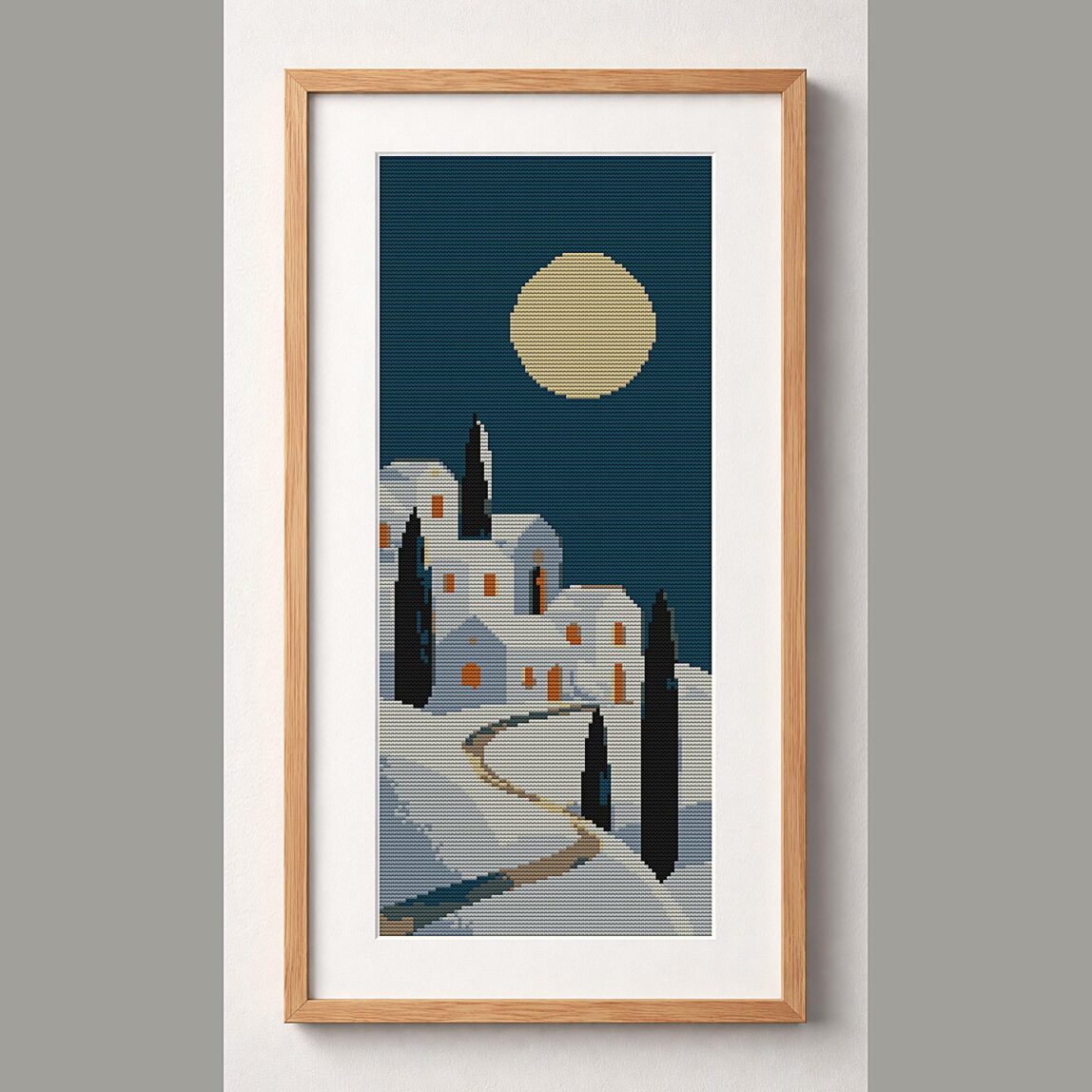 winter-village-full-moon framed cross stitch mockup winter-village-full-moon framed cross stitch mockup, realistic finished embroidery design, PDF pattern digital download