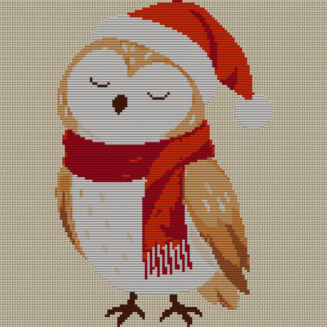 christmas-owl-santa-hat full cross stitch design mockup without frame, realistic embroidery preview