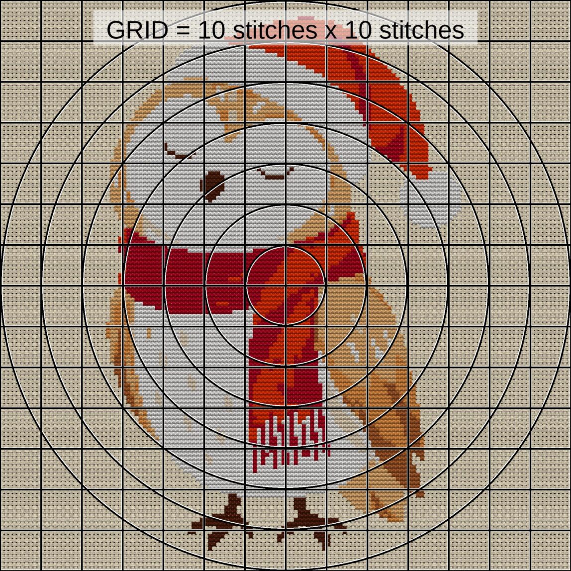 christmas-owl-santa-hat close-up cross stitch detail showing color changes, confetti areas and stitch texture