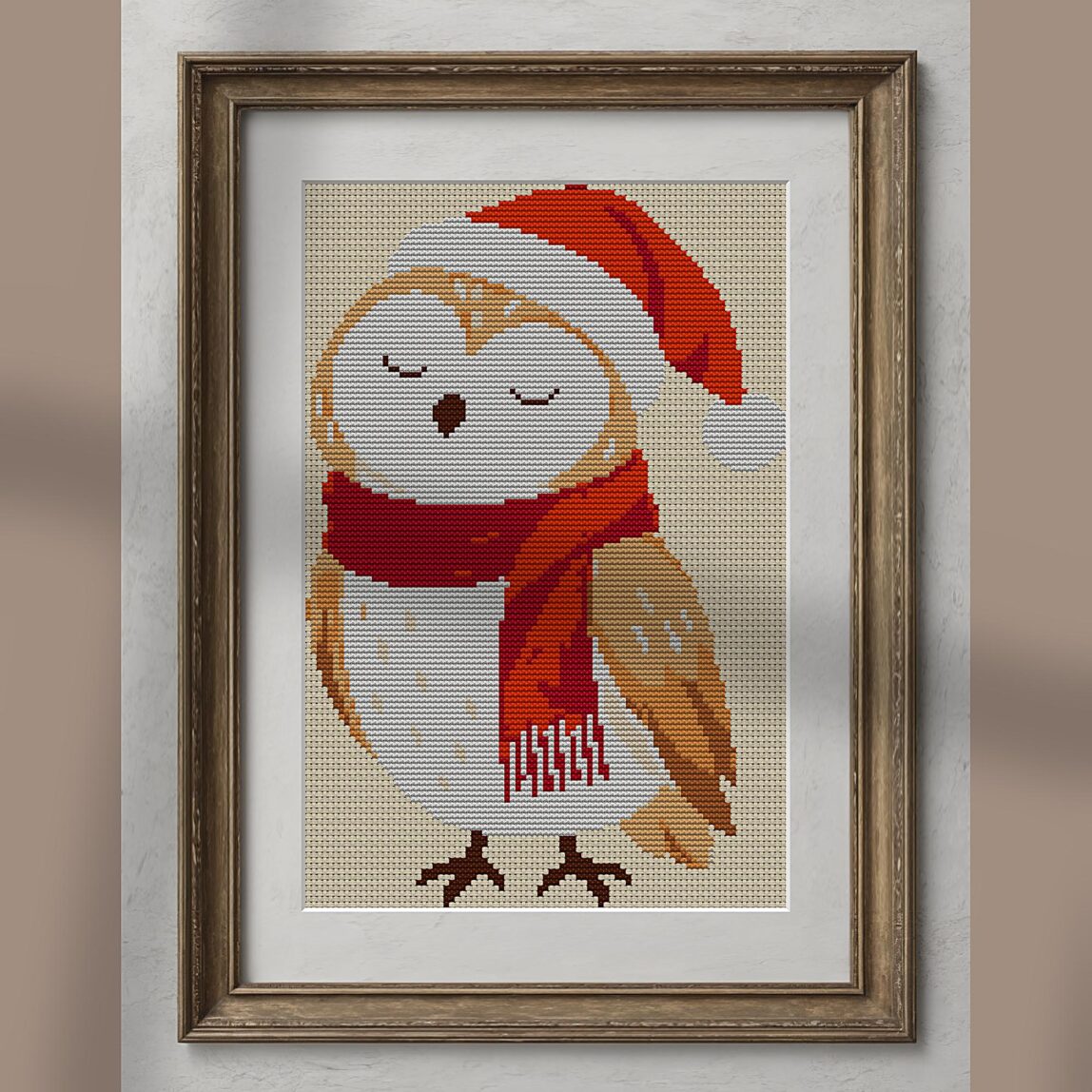 christmas-owl-santa-hat alternative framed cross stitch mockup, realistic finished embroidery presentation