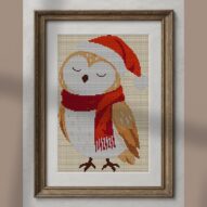 christmas-owl-santa-hat alternative framed cross stitch mockup, realistic finished embroidery presentation