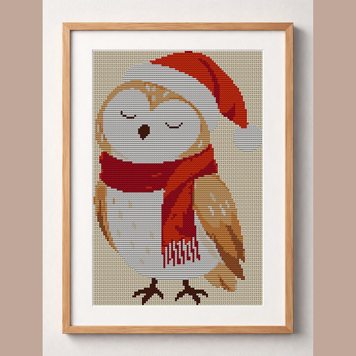 christmas-owl-santa-hat framed cross stitch mockup, realistic finished embroidery design, PDF pattern digital download