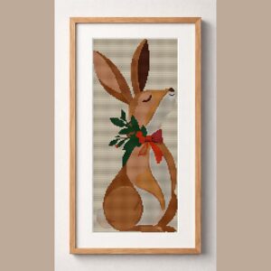christmas-rabbit-holly-bo framed cross stitch mockup, realistic finished embroidery design, PDF pattern digital download