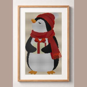 penguin-white-christmas-g framed cross stitch mockup, realistic finished embroidery design, PDF pattern digital download