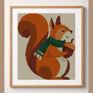 squirrel-acorn-green-scar framed cross stitch mockup, realistic finished embroidery design, PDF pattern digital download