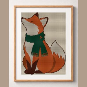 christmas-fox-green-scarf framed cross stitch mockup, realistic finished embroidery design, PDF pattern digital download