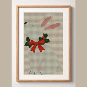white-rabbit-christmas-bo framed cross stitch mockup, realistic finished embroidery design, PDF pattern digital download