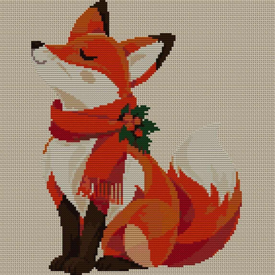 christmas-fox-red-scarf full cross stitch design mockup without frame, realistic embroidery preview