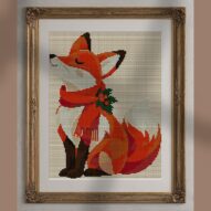 christmas-fox-red-scarf alternative framed cross stitch mockup, realistic finished embroidery presentation