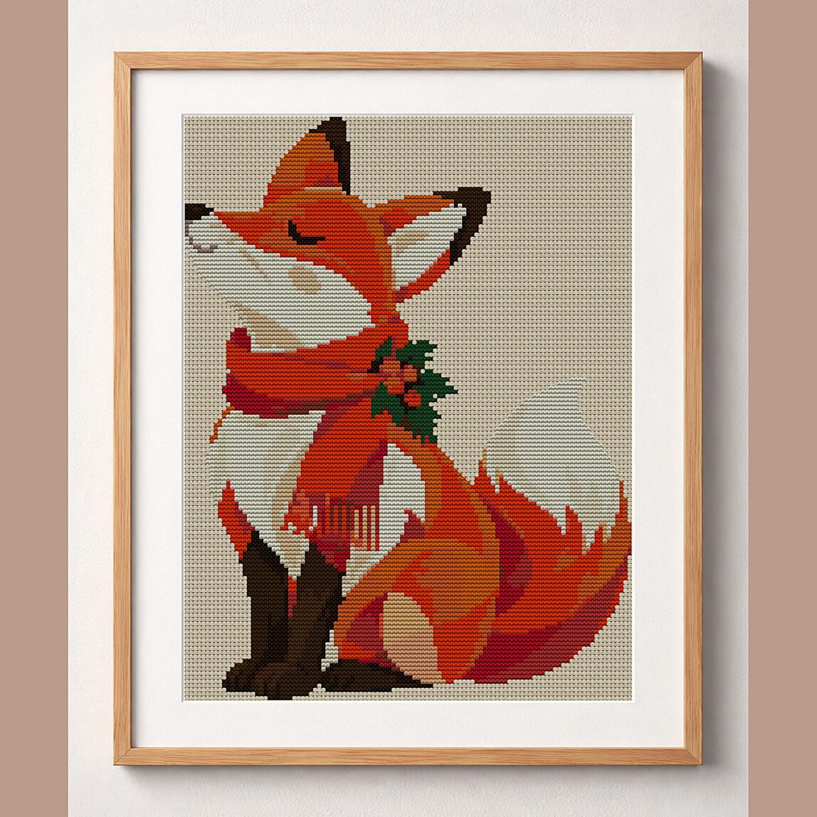christmas-fox-red-scarf framed cross stitch mockup, realistic finished embroidery design, PDF pattern digital download