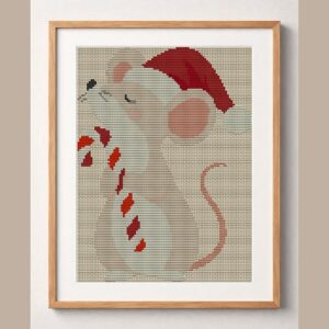 christmas-mouse-small-can framed cross stitch mockup, realistic finished embroidery design, PDF pattern digital download