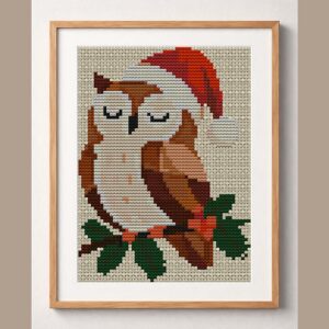owl-santa-hat-pine-branch framed cross stitch mockup, realistic finished embroidery design, PDF pattern digital download