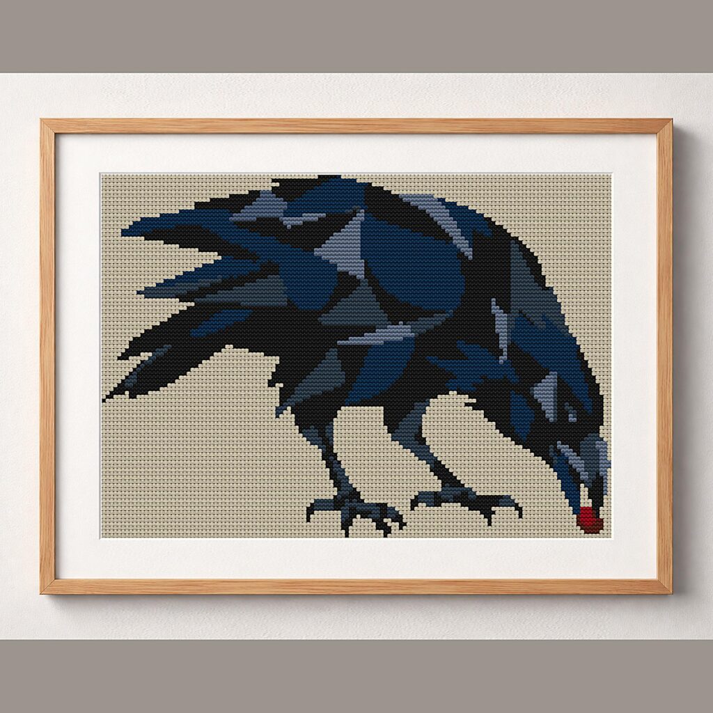 raven-eating-cherry framed cross stitch mockup, realistic finished embroidery design, PDF pattern digital download