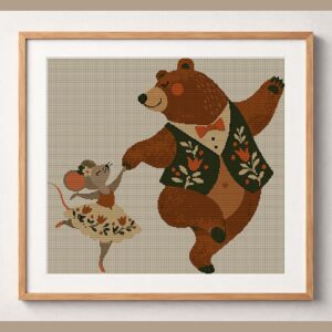 mouse-bear-dance framed cross stitch mockup, realistic finished embroidery design, PDF pattern digital download